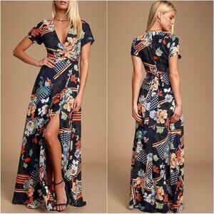 lulus aleta navy blue print short sleeve surplice maxi dress